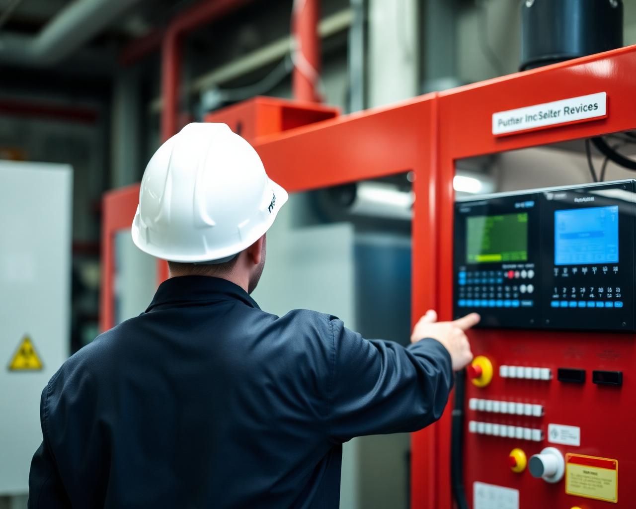 Technician operating a compressor control panel