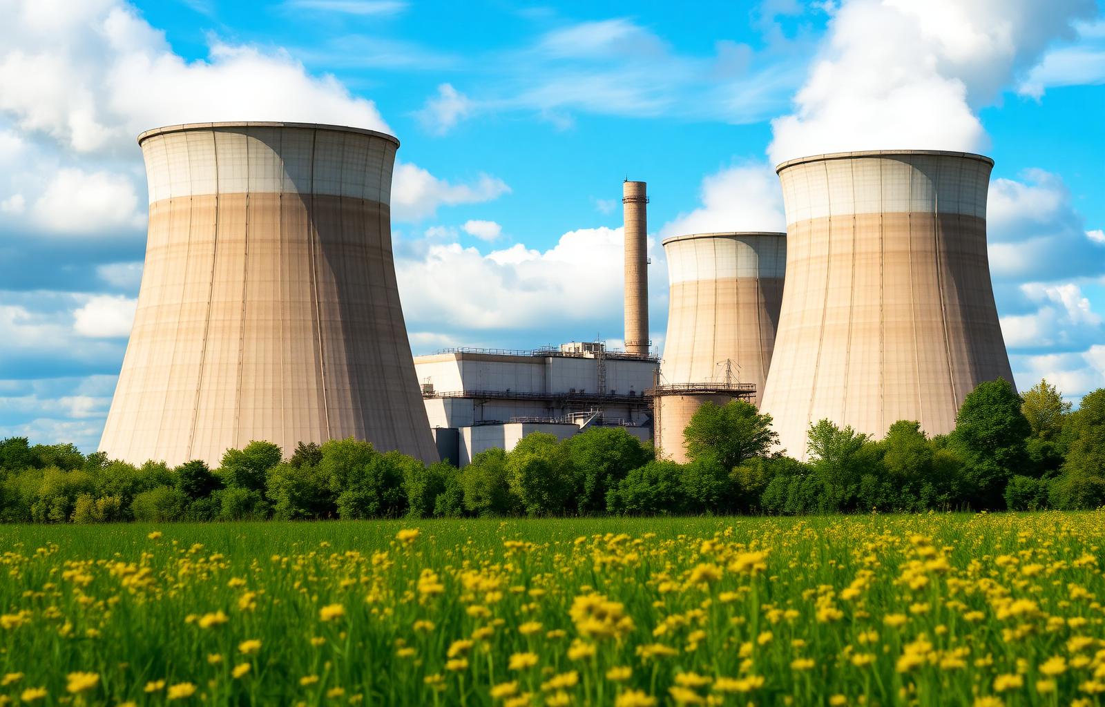 Power plant cooling towers behind yellow wildflowers