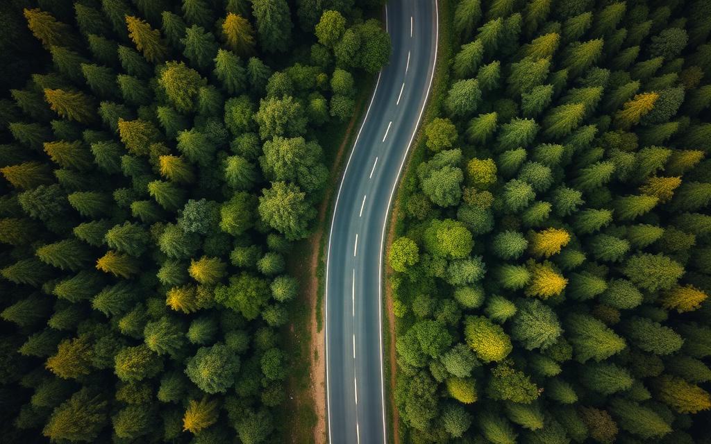 Aerial winding road through forest