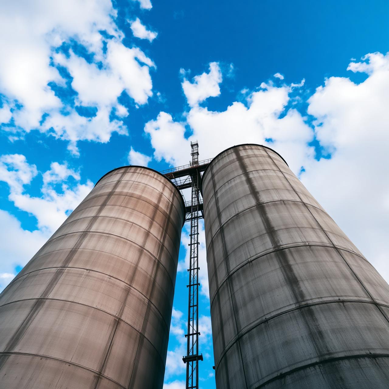 Industrial silo tower against blue sky