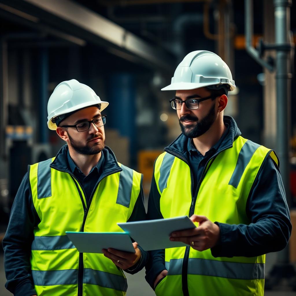 Industrial workers reviewing a service report