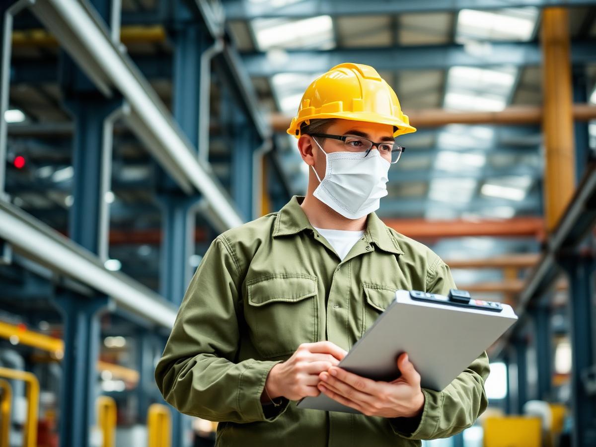 Technician with clipboard inspecting equipment