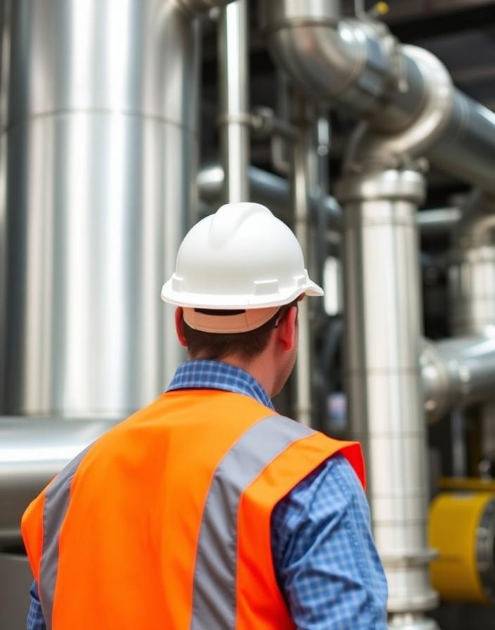 Worker in orange vest beside large industrial machinery